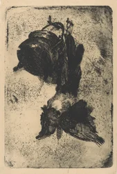 Toter Vogel und Kessel an einer Wand