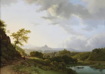 Panorama-Sommerlandschaft mit Reisenden und Burgruine in der Ferne