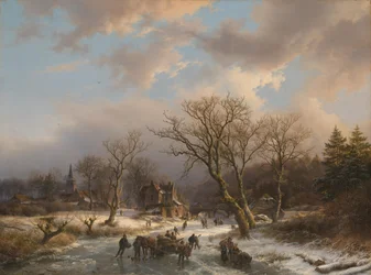 Ein Dorf und ein altes Gebäude in einer baumreichen Landschaft an einem zugefrorenen Gewässer