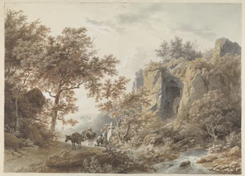 In einer felsigen Landschaft beten Landleute vor einer Kapelle