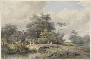 Landschaft mit Steinbrücke bei einem Haus