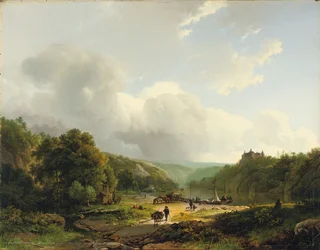 Entladen des Lastkahns in einer welligen Landschaft, 1831