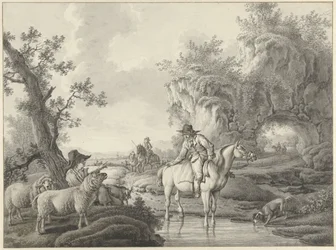 Landschaft mit einem Schäfer und einem Reiter bei einem Teich