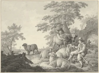 Schäfer mit Schafen und ein Junge mit einem jungen Stier in einer Landschaft