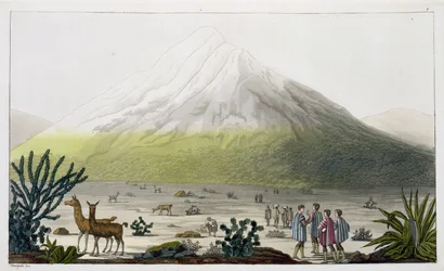 Der Chimborazo, Ecuador, aus „Le Costume Ancien et Moderne“, Band II, Tafel 3, von Jules Ferrario, gestochen von Paolo Fumagalli, veröffentlicht etwa in den 1820er-30er Jahren
