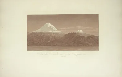 Ansicht des Chimborazo und des Carguairazo, gezeichnet von Gmelin, gestochen von Arnold, Illustration aus „Vues des Cordillères et Monumens des Peuples Indigènes de l