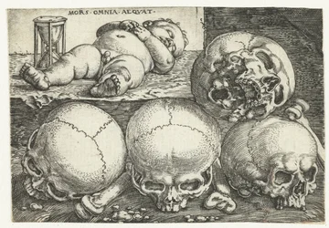 Schlafendes Kind mit Sanduhr und vier Schädeln