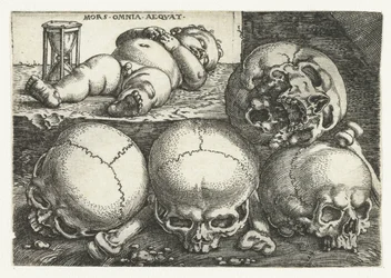 Schlafendes Kind mit Sanduhr und vier Schädeln Mors Omnia Aeqvat
