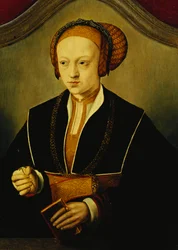 Porträt einer Dame, angeblich Prinzessin Sybille von Cleve, halblang, in einem schwarzen Kostüm, Goldkette und aufwendigem Kopfschmuck, ein Buch und eine Rosenknospe haltend