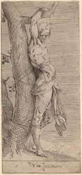 Der heilige Sebastian, an einen Baum gebunden