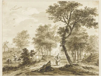 Landschaft mit Figuren und links ein Mann in einem Kahn