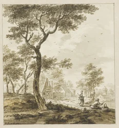 Landschaft mit Figuren und einem Angler rechts