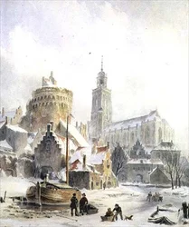Kinder spielen auf einem zugefrorenen Fluss, Deventer Kathedrale im Hintergrund