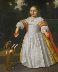 Porträt eines Mädchens mit Brötchen und Hund