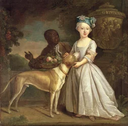Ein junges Mädchen mit einem Hund und einem Pagen