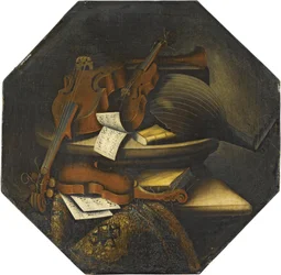 Stillleben mit Laute, Violoncello, Violine und Noten auf einem Steinsims neben einem Teppich