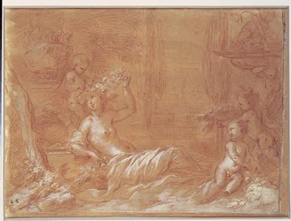 Liegende Nymphe in einem Garten mit Brunnen, Vase und drei Cupidos