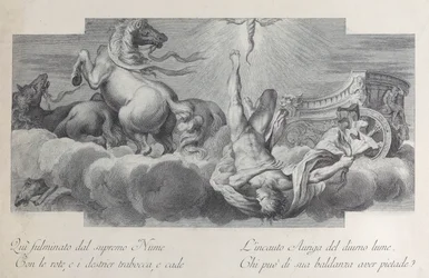 Tafel 34: Auriga, der Wagenlenker, fällt in der Mitte vom Wagen, mit drei Pferden, 1756