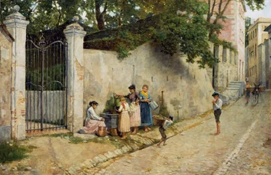 Am Brunnen, von Bartolomeo Giuliano (1825-1909), Öl auf Leinwand, 64,5x100 cm