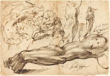 Studien eines linken Arms, einer jungen Frau, einer Madonna mit Kind, eines Profils und nackter Figuren