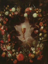 Kelch umgeben von Blumen und Früchten