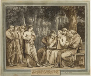 Telemachus beschreibt, wie er in die Versammlung auf Kreta aufgenommen wurde, aus Die Abenteuer des Telemach, Buch 5