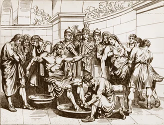 Der römische Philosoph Seneca (Lucius Annaeus Seneca, 4 v. Chr.-65 n. Chr.), beschuldigt, an einer Verschwörung gegen Kaiser Nero teilgenommen zu haben, wurde zum Selbstmord verurteilt - Gravur von Bartolomeo Pinelli - Tod des Seneca, Gravur von Bartolomeo