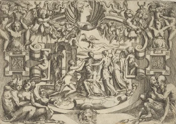 Vier Frauen umgeben eine sitzende Figur, ein Vogel über ihnen, in einem aufwendigen..., ca. 1540-80