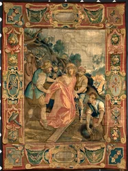 Christus wird seiner Kleider beraubt. Wandteppich aus den Brüsseler Manufakturen. 16. Jahrhundert Genua, Musei di Strada Nuova