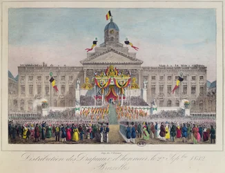 Verteilung der Ehrenfahnen in Brüssel am 27. September 1832, 1832 (Farbstich)