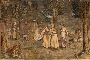 Jethro begleitet seine Tochter Sephora und seine Kinder trafen Moise Tapisserie von Dionys Martensz nach dem Karton von Luca Cambiaso (1527-1584) hergestellt in den Manufakturen von Brüssel