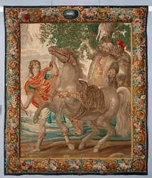 Alexander der Große zähmt das Pferd Bucephalos. Wandteppich aus den Manufakturen von Brüssel. 16. Jahrhundert Genua, Musei di Strada Nuova