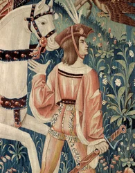 Mittelalter: der Aufbruch zur Falkenjagd zu Pferde. Detail einer Seiden- und Wolltapisserie vom Beginn des 16. Jahrhunderts. Aus dem Hennegau. Paris, Nationalmuseum des Mittelalters, Thermes de Cluny