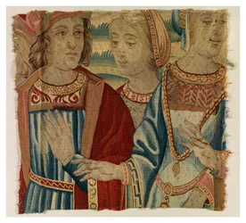 Wandteppichfragment, das einen Mann und zwei Frauen darstellt, möglicherweise in Brüssel, Belgien, Anfang des 16. Jahrhunderts (Wolle & Seide)