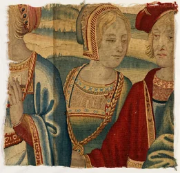 Wandteppichfragment, das einen Mann und eine Frau darstellt, möglicherweise in Brüssel, Belgien, frühes 16. Jahrhundert