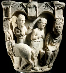 Salomo und die Königin von Saba, von Benedikt Antelami, Kapitellrelief, Kathedrale von Parma, Italien