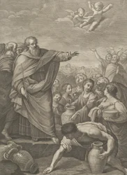 Moses links mit den Israeliten, die Manna sammeln, das vom Himmel fällt, zwei Engel, 1776