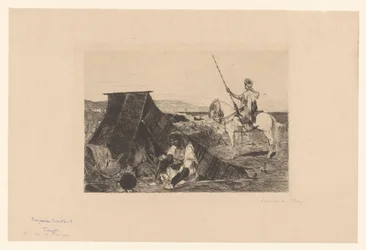 Landschaft mit Zelt und Reiter