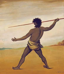 Timmy, ein tasmanischer Aborigine, wirft einen Speer