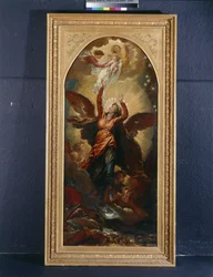 Die mit der Sonne bekleidete Frau flieht vor der Verfolgung durch den Drachen