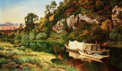 Eine Flusslandschaft mit einem Fischer beim Bau von Aalreusen
