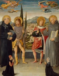 Heilige Nikolaus von Tolentino, Rochus, Sebastian und Bernhardin von Siena..., 1481