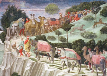 Karawane von Packtieren, die einen Hügel hinaufsteigen, Detail aus dem Zyklus der Reise der Heiligen Drei Könige in der Kapelle, ca. 1460 (Detail)