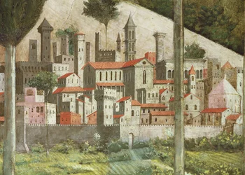 Mittelalterliche Stadt, Detail aus dem Zyklus der Reise der Heiligen Drei Könige in der Kapelle, ca. 1460, Freskodetail von 70610