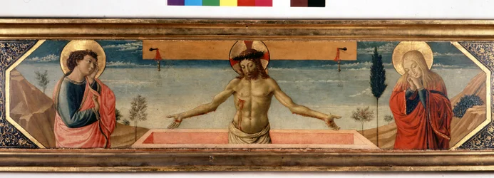 Predelle mit Christus in Pietà und Heiligen. Gemälde von Gozzoli Benozzo (1420 - 1497) (Detail)
