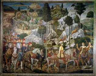 Die Reise der Heiligen Drei Könige. Prozession der Könige von Jerusalem nach Bethlehem, genannt „Viaggio dei Magi“ oder „Cavalcata dei Magi“ auf Italienisch. Landschaftsdetail. Fresko der Ostwand der Kapelle der Heiligen Drei Könige von Benozzo Gozzoli (14