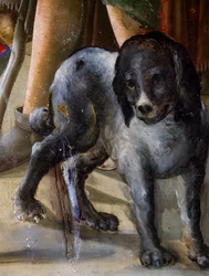 Hund, Detail aus der Geburt Jesu, ca. 1470, Gemälde von Benvenuto di Giovanni