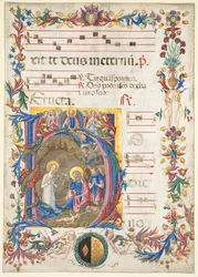 Einzelblatt aus einem Antiphonar: Initiale H[odie nobis] mit der Geburt Christi, 1471