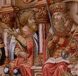 Flämischer Wandteppich. Serie Die Ehren. Ehre. Zweiter Wandteppich der Serie. Modell Zeichner aus dem Kreis von Bernard van Orley und Jan Gossaert. Herstellung Pieter van Aelst, Brüssel. Ca. 1550