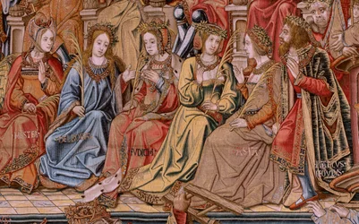 Flämischer Wandteppich. Serie Die Ehren. Ehre. Zweiter Wandteppich der Serie. Modell von Zeichnern aus dem Kreis von Bernard van Orley und Jan Gossaert (Mabuse). Herstellung Pieter van Aelst, Brüssel. Ca. 1550. Stoff Gold, Silber, Seide und Wolle.